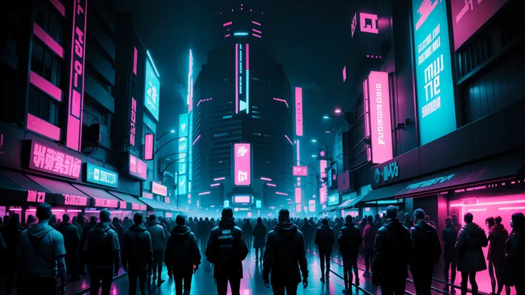 many, Many people, Cyberpunk, Neon light