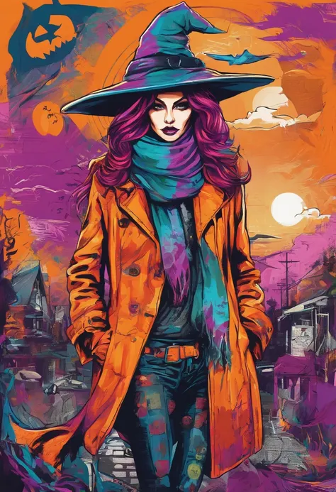 a painting of a witch wearing a big witch hat and scarf, trending in the art station, dressed in punk clothes, detailed hyper realistic rendering, street style, intimidating pose, planet of the world, clothes with Halloween fashion, west slavic features, 8...