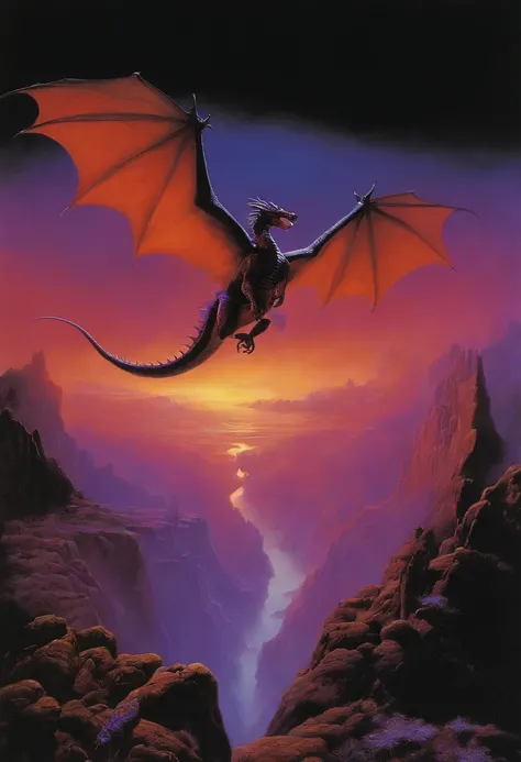 There is a dragon flying through the sky with a purple background, inspirado em Don Maitz, Arte de fantasia dos anos 8 0, Directed by: Don Maitz, Wayne Barlowe detalhou, Arte de fantasia dos anos 1980, estilo de tim branco, Wayne - Barlowe, Directed by: Wa...