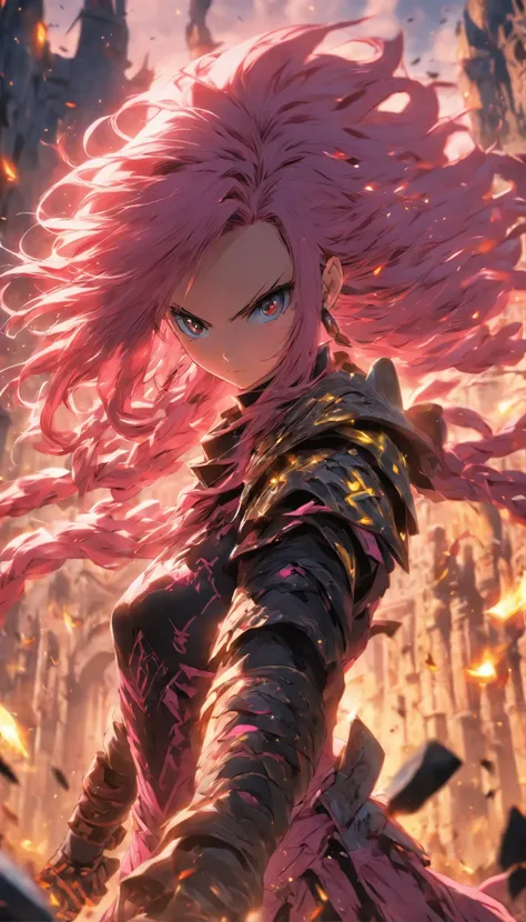 1 Girl Slim Small Long Pink Hair, Black and yellow armor wears a two-handed sword, Fight monsters in a ruin, UHD, masterpiece, anatomically correct, high quality, high details, highres, best quality, 8k