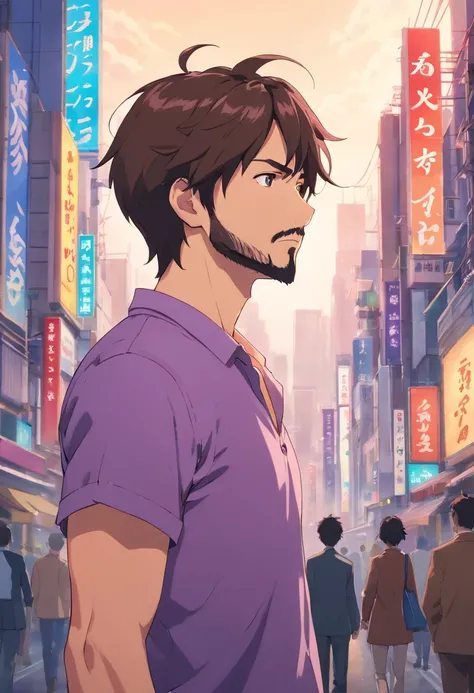 (Front view:1.4),Groomed beard,40-year-old dandy man,profile,Composition of the upper body,Makoto Shinkais painting style,japanes,Ridicule,A tall man,a beard, Delicate facial features like an actor,Short-haired true black hair, Wearing a purple Y-shirt, In...