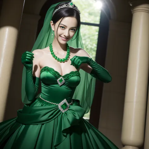 emerald tiara, Green Pearl Necklace, Boyish very short black hair, lipsticks, Japan woman smiling, very very short green hair, big breasts beautiful, Green eyes, Long green gloves made of satin material, Green eyes