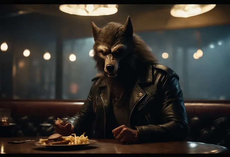 Badass masculine werewolf in a biker jacker, ready to eat a cheeseburger with chopsticks in a smoky, gloomy diner, creature design by Rob Bottin.