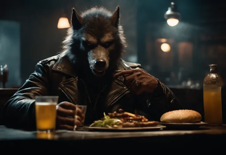 Badass masculine werewolf in a biker jacker, ready to eat a cheeseburger with chopsticks in a smoky, gloomy diner, creature design by Rob Bottin.