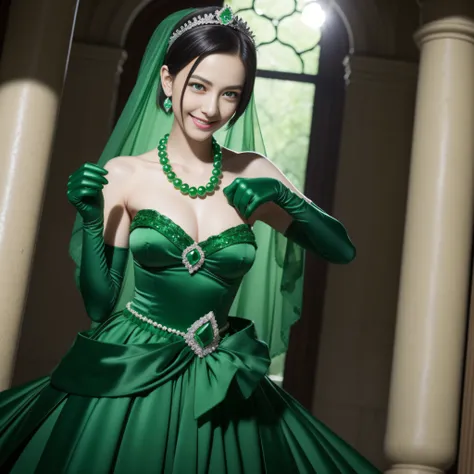 emerald tiara, Green Pearl Necklace, Boyish very short black hair, lipsticks, Japan woman smiling, very very short green hair, big breasts beautiful, Green eyes, Long green gloves made of satin material, Green eyes