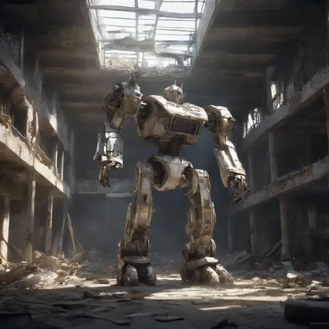 the Giant robot is in moving motion through a ruined building by Zaha Hadid, cinematic, high detail, octane render, studio ghibli --ar 16:9