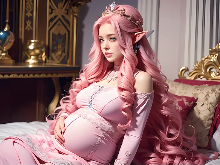 one woman, long curly hair, pink hair, blue eyes, elf, pregnant, sitting, crown, Queen