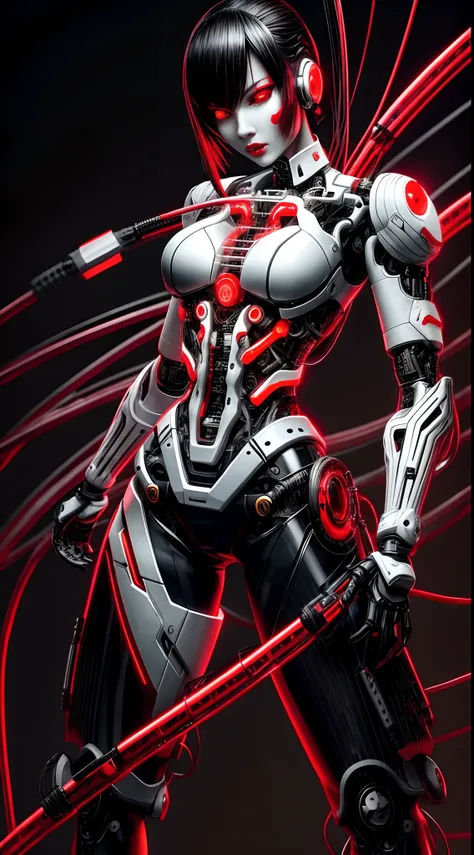 nijistyle, full body of cyborg lady, cybernetic jaw, mechanical parts, white shirt, unbottoned, black latex skirt, metal skin, glowing red eyes, cables, wires, black hair, simple background