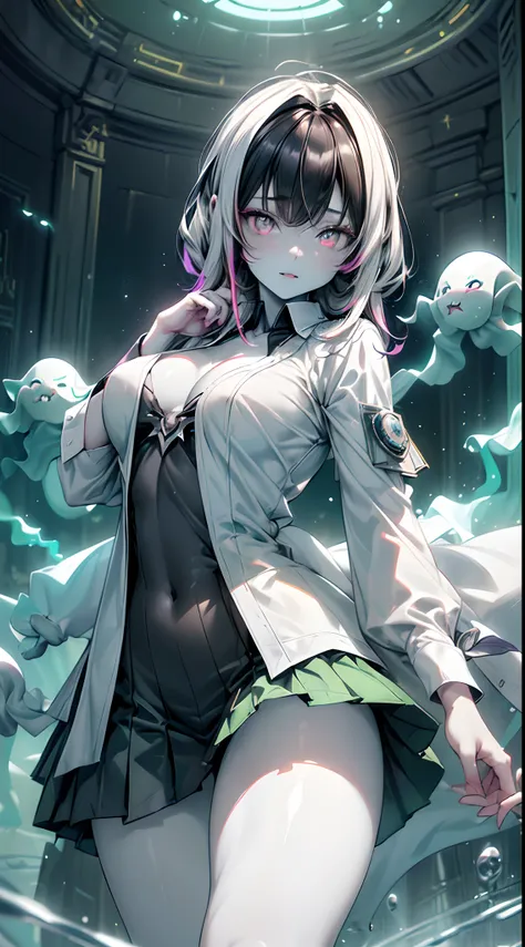 (ghosty:1.85) (doctor:1.5) (nurse:0.65) girl, (white doctor coat:1.4), (spirit, spiritual:1.2), 1girl, perfect and well designed glowing shiny eyes, (beautiful detailed eyes:1.05), natural medium breasts, slim body, beautiful and delicate cute face, (face ...