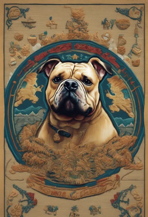 cinematic photo Embroidery of a smug, american bully indiferente, equiretangular 360, Romantic, arte por Michael Hutter . fotografia 35mm, Film, Bokeh, profissional, 4k, altamente detalhado