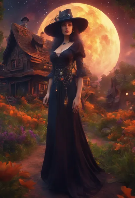 Showcase a scene of 1beautiful witch woman, future witch village, featuring virtual house, intelligent mentors, and the potential for interstellar learning. 8k