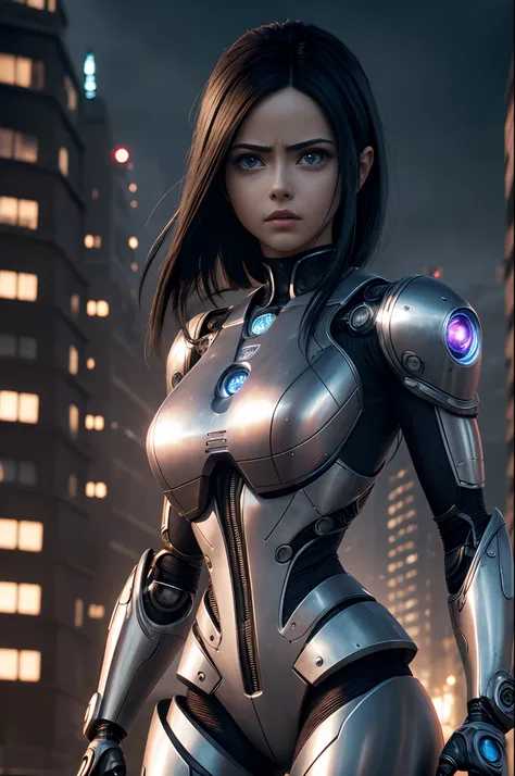 Obra prima , ultra realista, HDR, Alita , personagem de filme , cinematic picture, robotic woman, Steel City Background,8k