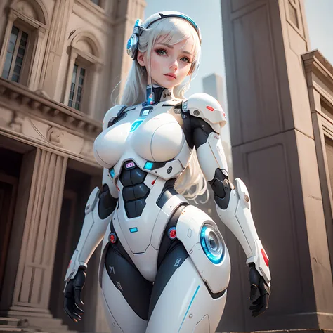 There is a woman in robot suit posing next to ancient building, beautiful white girl half-cyborg, cute cyborg girl, beautiful girl cyborg, perfect robot girl, cyborg girl, young cyborg lady, beautiful female robot, beautiful robot woman, cyborg-girl, perfe...