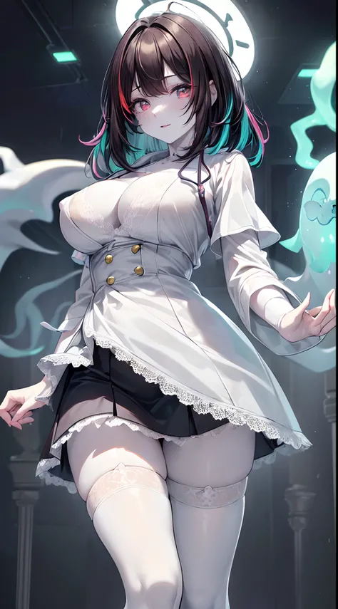 (ghosty:1.85) (doctor:1.5) (nurse:0.65) girl, (white doctor coat:1.4), (spirit, spiritual:1.2), 1girl, perfect and well designed glowing shiny eyes, (beautiful detailed eyes:1.05), natural medium breasts, slim body, beautiful and delicate cute face, (face ...