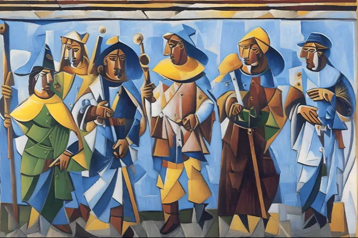 arafed painting of a group of men with different hats and clothes, Saint Jacob, by Picasso, cubism painting, medieval peasants, sqare-jawed in medieval clothing, cubism art style, 3 4 5 3 1, merchants