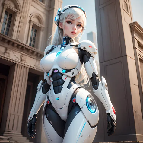 There is a woman in robot suit posing next to ancient building, beautiful white girl half-cyborg, cute cyborg girl, beautiful girl cyborg, perfect robot girl, cyborg girl, young cyborg lady, beautiful female robot, beautiful robot woman, cyborg-girl, perfe...