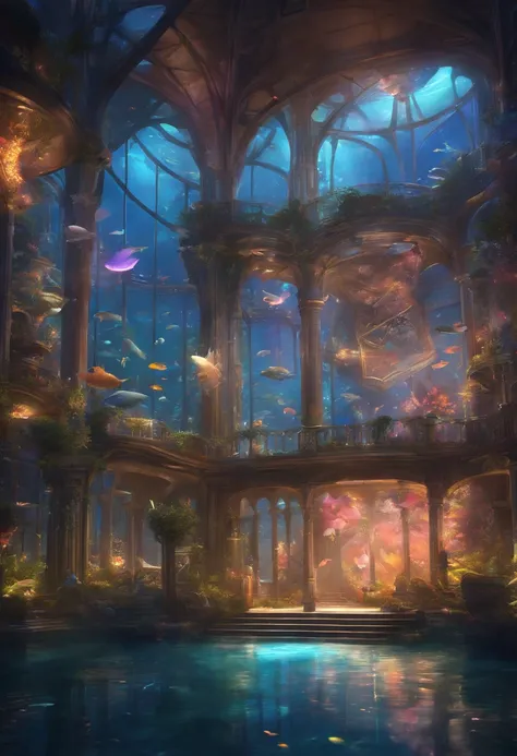 fantasy concept art, a transparent building as a huge aquarium containing fish at night, pretty lights decorations, wide shot, 8k octane render, photorealistic, epic shot, cinematic lighting, detailed building, detailed fish