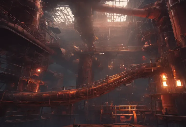 (best quality,4k,8k,highres,masterpiece:1.2),ultra-detailed,(realistic,photorealistic,photo-realistic:1.37),factory,Donkey Kong Country,retro game,3D rendering,industrial,colorful,gritty,dark,imposing,intense,pipes,conveyor belts,jumping platforms,barrels,...