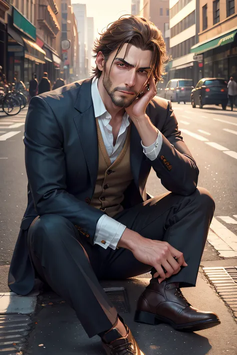 create a hyperrealistic man with a desperate face sitting on the street