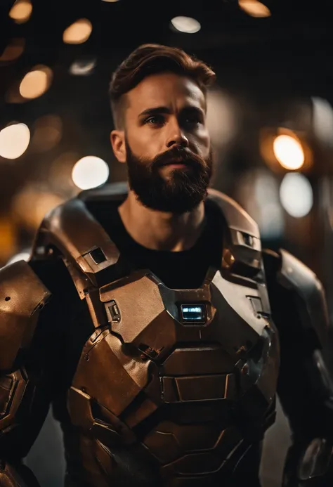 Portrait photo of muscular bearded guy in a worn mech suit, ((light bokeh)), intricate, (steel metal [rust]), elegant, sharp focus, photo by greg rutkowski, soft lighting, vibrant colors, masterpiece, ((streets)), detailed face