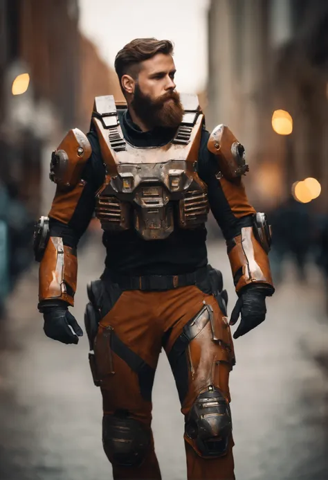 Portrait photo of muscular bearded guy in a worn mech suit, ((light bokeh)), intricate, (steel metal [rust]), elegant, sharp focus, photo by greg rutkowski, soft lighting, vibrant colors, masterpiece, ((streets)), detailed face