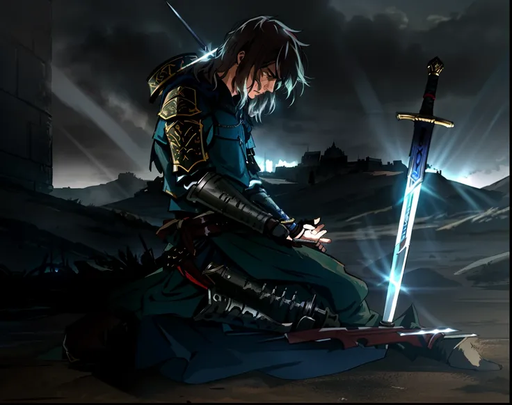 (best quality, realistic coloring, cinematic coloring, dramatic color), a man on his knees with a sword in front, pose of defeat, intense facial expression, detailed armor, weathered and worn-out sword, dark and moody lighting, dramatic shadows, atmospheri...