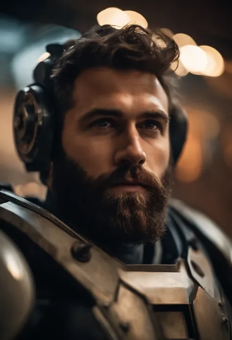 Portrait photo of muscular bearded guy in a worn mech suit, ((light bokeh)), intricate, (steel metal [rust]), elegant, sharp focus, photo by greg rutkowski, soft lighting, vibrant colors, masterpiece, ((streets)), detailed face