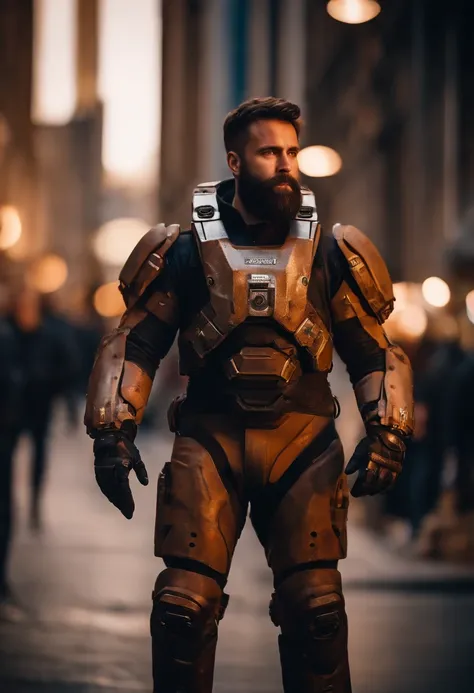 Portrait photo of muscular bearded guy in a worn mech suit, ((light bokeh)), intricate, (steel metal [rust]), elegant, sharp focus, photo by greg rutkowski, soft lighting, vibrant colors, masterpiece, ((streets)), detailed face