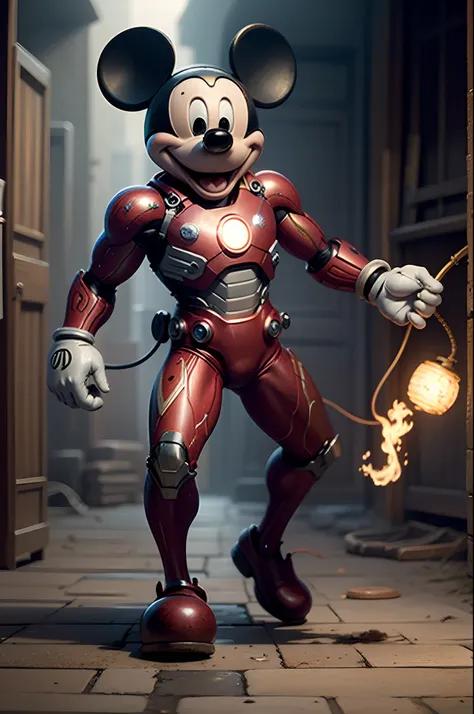 mickey wearing an ironman suite, luz azul, 8k