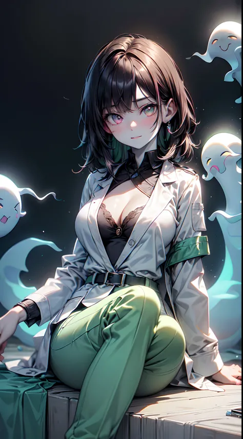 (ghosty:1.85) (doctor:1.5) (nurse:0.65) girl, (white doctor coat:1.4), (spirit, spiritual:1.2), 1girl, perfect and well designed glowing shiny eyes, (beautiful detailed eyes:1.05), natural medium breasts, slim body, beautiful and delicate cute face, (face ...