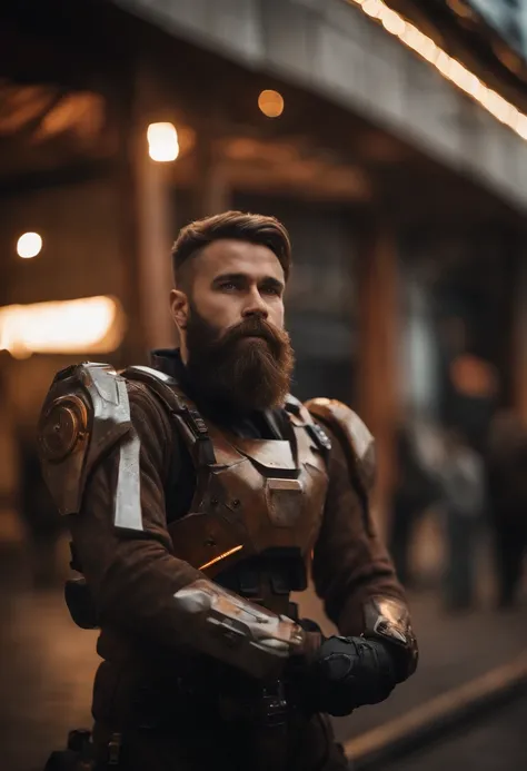 Portrait photo of muscular bearded guy in a worn mech suit, ((light bokeh)), intricate, (steel metal [rust]), elegant, sharp focus, photo by greg rutkowski, soft lighting, vibrant colors, masterpiece, ((streets)), detailed face