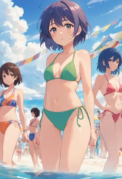 NSFW, Bocchi the Rock beach party, skimpy swimsuits, Hitori Goto, Nijika Ijichi, Ryo Yamada, Ikuyo Kita, swimsuit, sling bikini, bikini, microkini, beach, sun, water