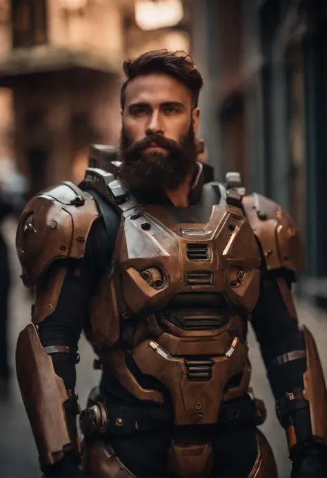 Portrait photo of muscular bearded guy in a worn mech suit, ((light bokeh)), intricate, (steel metal [rust]), elegant, sharp focus, photo by greg rutkowski, soft lighting, vibrant colors, masterpiece, ((streets)), detailed face