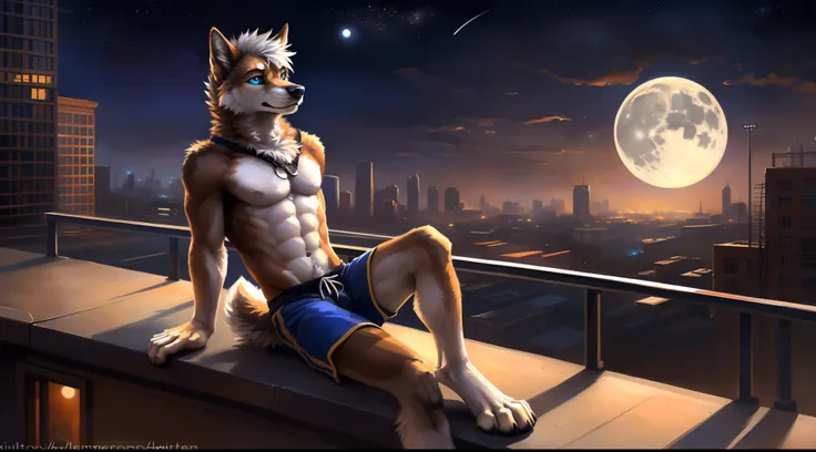 ((Solo)), male people, anthro wolf, (Multi-colored fur, White-brown:1.3), ((Dog face, White hair, Big eyes, White eyelids, Blue pupil, Slim:1.2) (Tough, Calm expression:1.2)), ((sport:1.1)), Abs, Slim, pinging)), (Correct anatomy), (Work shorts:1.1), (Cont...