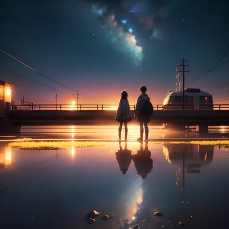 Masterpiece, anime train passing through bodies of water on tracks, bright starry sky. Romantic train, Makoto Shinkais picture, pixiv, concept art, lofi art style, reflection. by Makoto Shinkai, lofi art, Beautiful anime scene, Anime landscape, detailed sc...