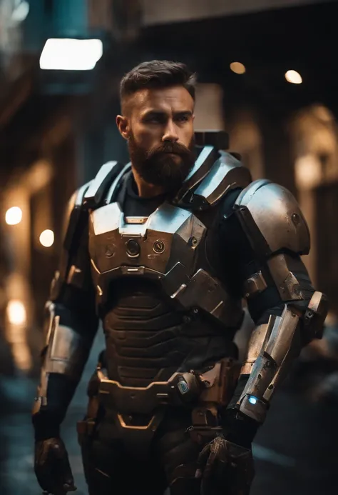 Portrait photo of muscular bearded guy in a worn mech suit, ((light bokeh)), intricate, (steel metal [rust]), elegant, sharp focus, photo by greg rutkowski, soft lighting, vibrant colors, masterpiece, ((streets)), detailed face