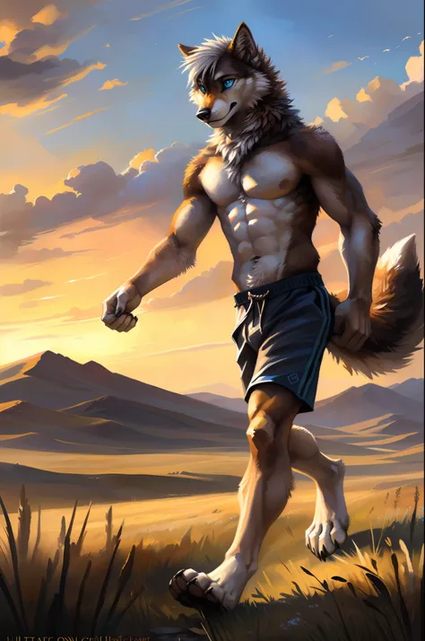 ((Solo)), male people, anthro wolf, (Multi-colored fur, White-brown:1.3), ((Wolf face, White hair, Big eyes, White eyelids, Blue pupil, Slim:1.2) (Tough, Calm expression:1.2)), Abs, Slim, pinging)), (Correct anatomy), (Work shorts:1.1), (Contour bone:1.2),...