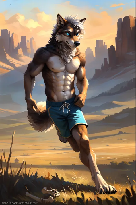 ((Solo)), male people, anthro wolf, (Multi-colored fur, White-brown:1.3), ((Wolf face, White hair, Big eyes, White eyelids, Blue pupil, Slim:1.2) (Tough, Calm expression:1.2)), Abs, Slim, pinging)), (Correct anatomy), (Work shorts:1.1), (Contour bone:1.2),...