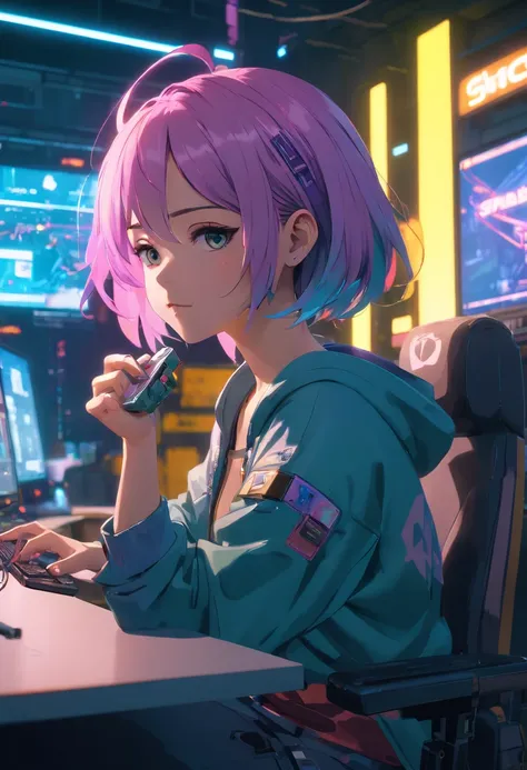 Girl, fade cut hair, neon colored hair, best pose((Best quality)), ((masterpiece)), (highly detailed:1.3), 3D, beautiful (cyberpunk:1.3) female hacker with thick voluminous hair operating a computer terminal, computer servers, LCD screens, fibre optic cabl...