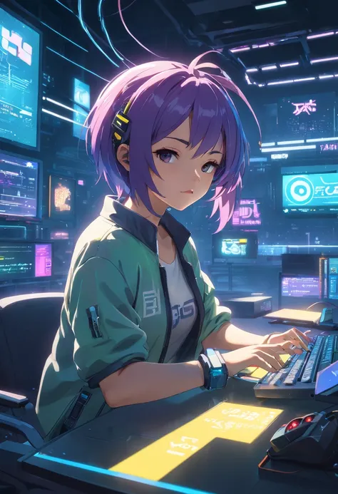 Girl, fade cut hair, neon colored hair, best pose((Best quality)), ((masterpiece)), (highly detailed:1.3), 3D, beautiful (cyberpunk:1.3) female hacker with thick voluminous hair operating a computer terminal, computer servers, LCD screens, fibre optic cabl...