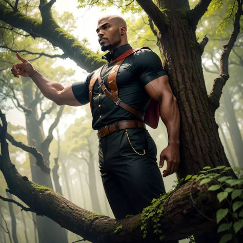 A bald, square-jawed, strong black man wearing a robin wood outfit, standing on top of a tree, looking into the forest.