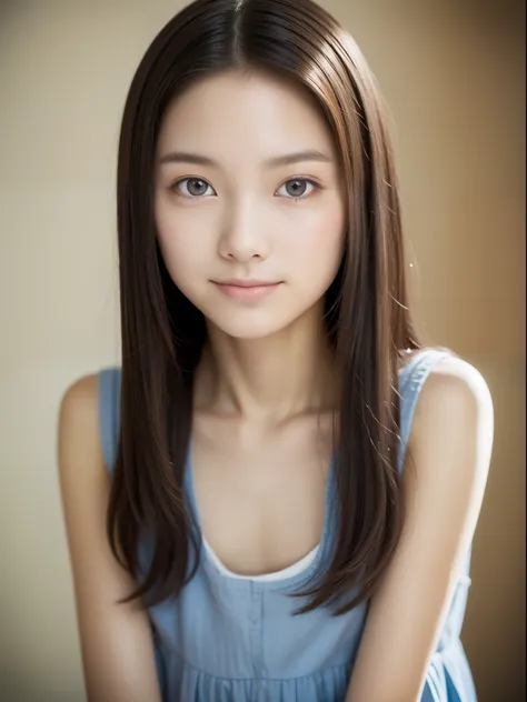 Neat and clean elementary school girl, petite person, (slim, Small, Flat, Small), A dark-haired, Photorealistic, detail, Detailed skin texture, Ultra Detail, Delicate collarbones, Smile, Super Detailed Face, Detailed lips, Detailed eyes, (10years old girl)...