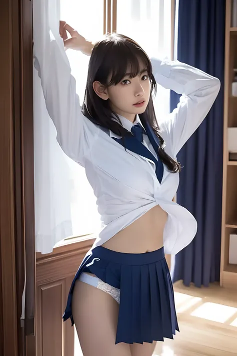 masutepiece, Best Quality, Five girls in the classroom,(5 people standing:1.2),Standing,Teenage, Looking at Viewer,l Group shot, harems,nffsw,Retro underwear,  (pantiy),Realistic,School uniform,(Dark blue blazer and white shirt) ,(Dark blue pleated skirt),...