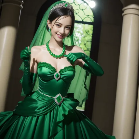 emerald tiara, Green Pearl Necklace, Boyish very short green hair, lipsticks, Japan woman smiling, very short short hair, big breasts beautiful, Green eyes, Long green gloves made of satin material, Green eyes, Emerald earrings