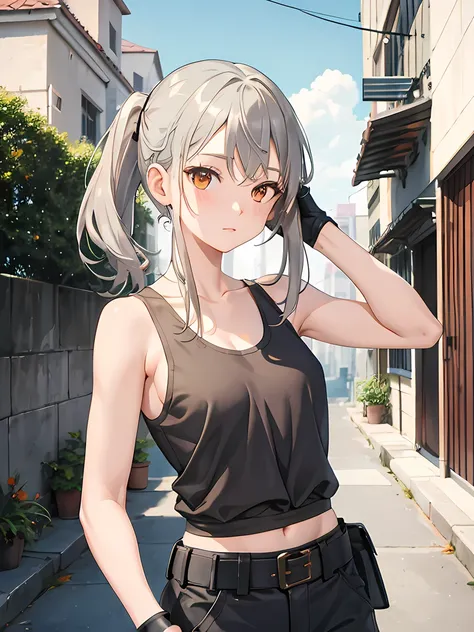 masterpiece, best quality, outdoors, wall, 1 girl, gray hair, orange eyes, tank top, cargo pants, fingerless gloves, alley, city, (upper body)