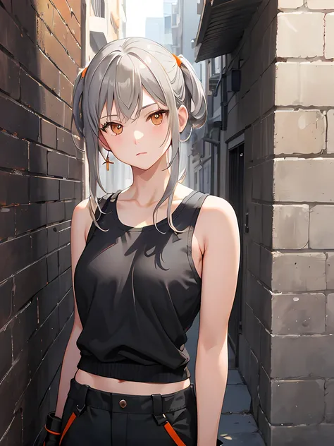 masterpiece, best quality, outdoors, back leaning against a wall, 1 girl, gray hair, (orange eyes), tank top, cargo pants, fingerless gloves, alley, city, serious, (upper body)