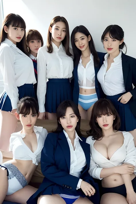 masutepiece, Best Quality, Five girls in the classroom,(5 people standing:1.2),Standing,Teenage, Looking at Viewer,l Group shot, harems,nffsw,Retro underwear,  (pantiy),Realistic,School uniform,(Dark blue blazer and white shirt) ,(Dark blue pleated skirt),...