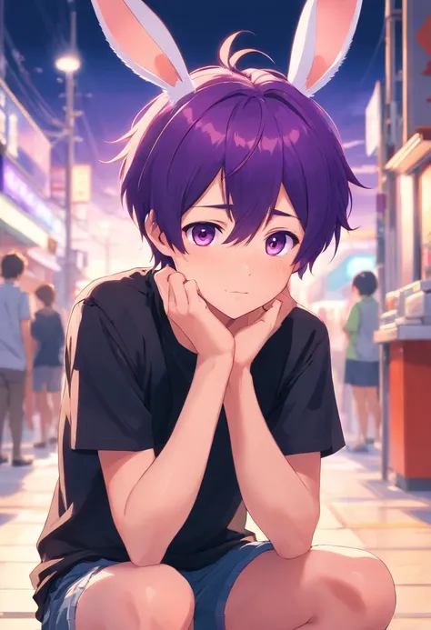 Masterpiece, best quality, cute boy, purple hair, bunny boy, wearing a short black shirt, not wearing pants, wearing underwear, he looks embarrassed, his face is red, his left hand is covering his underwear