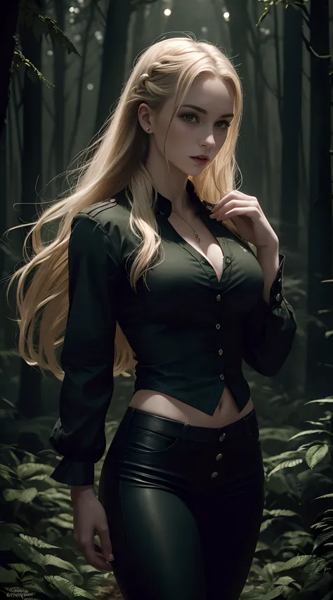 (A beautiful 25 years old British Female Vampire Mercenary:1.4), (Single-Braided Blonde Hair), (Pale Skin), (Athletic Body Builds:1.2), (Serious Face), (Wearing Green Loose Button Shirt and Black Tight Long Pants), (Dimly Lit Forest at Night:1.4), (Sexy Po...