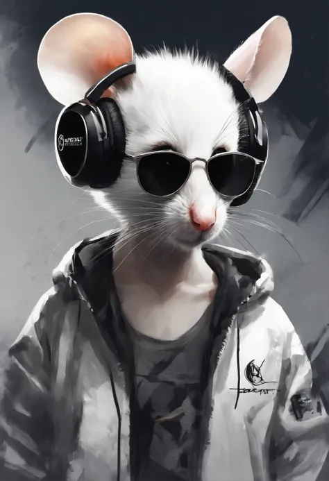 Perfect centering, Cute white and black mouse, Wear a student team jacket, Wearing Black sunglasses, Wearing headphones, cheerfulness, Standing position, Abstract beauty, Centered, Looking at the camera, Facing the camera, nearing perfection, Dynamic, High...